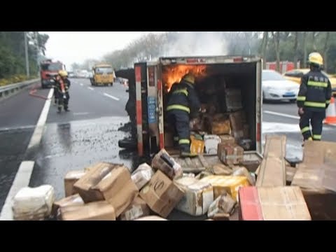 delivery truck catches fire on expressway